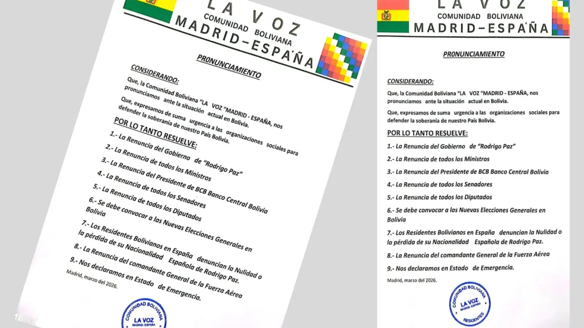 Comunidad boliviana en Madrid se declara en estado de emergencia contra el régimen de Paz