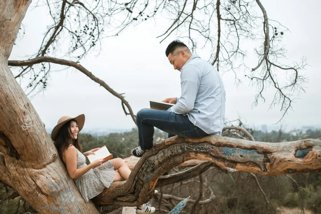 An Asian couple enjoys reading books while sitting in a tree in a park setting.